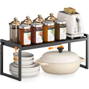 DOLALIKE Expandable kitchen Countertop Organizer, Stackable Cabinet Shelf Organizers, Space Saving Spice Rack Pantry Storage for Bathroom Office (Black, 1 Pack)