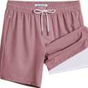 maamgic 2 in 1 Mens Swim Trunks 7 Inch Swim Shorts Swim Suits Board Shorts (Small, White-dust Pink)
