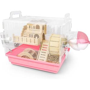 Cycodo 8 in 1 Acrylic Hamster Cage,2-Tier Dwarf Hamster Cage with Wooden Wheel & Hideout,Small Hamster Habitat with Accessories,Clear Pet Mice House (Pink,14" L*10" W*11" H)