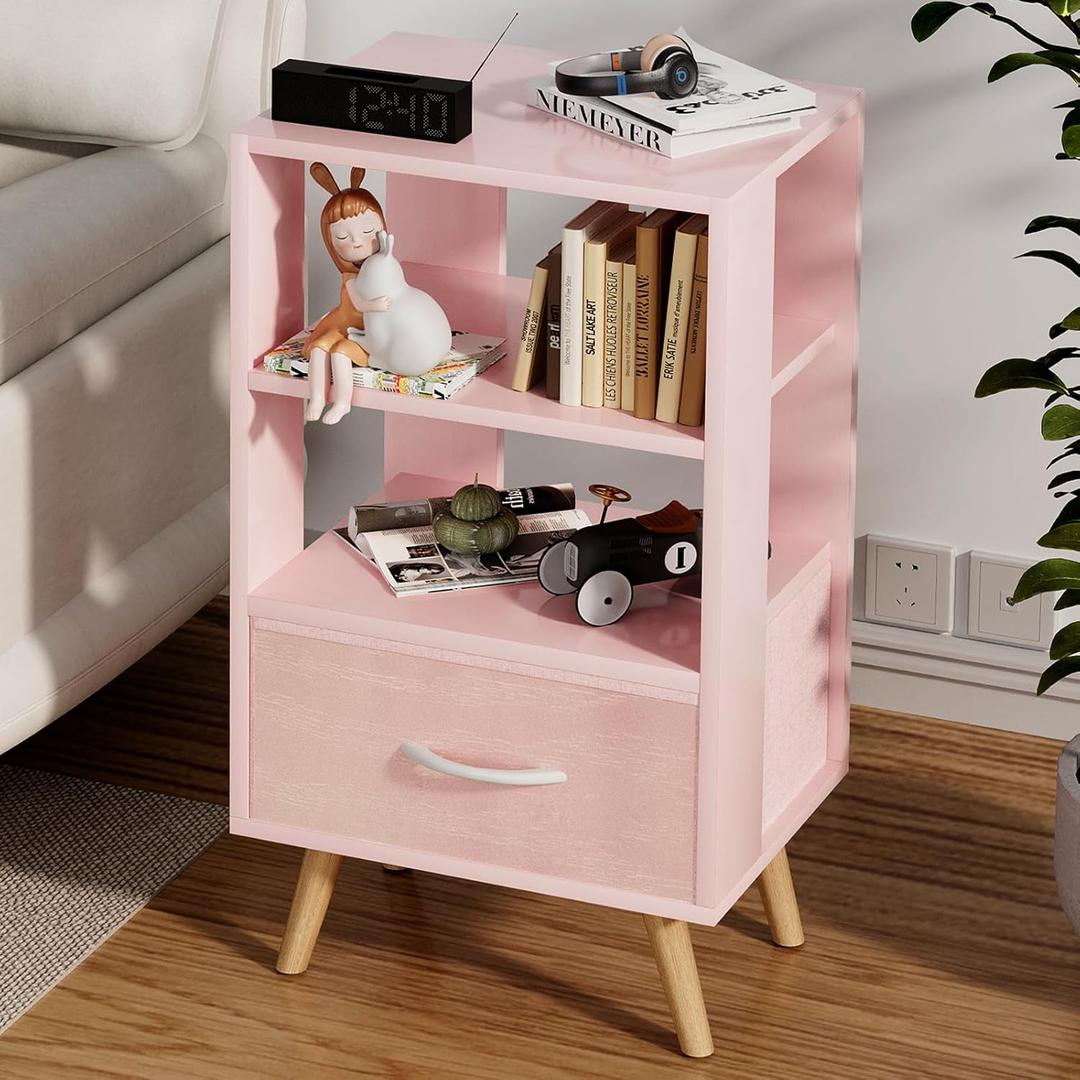 Aenuert Night Stand, Pink Nightstand with Drawer, Side Table with Open Storage, 3-Tier Modern End Table, Bedside Table for Small Space, Living Room, Bedroom
