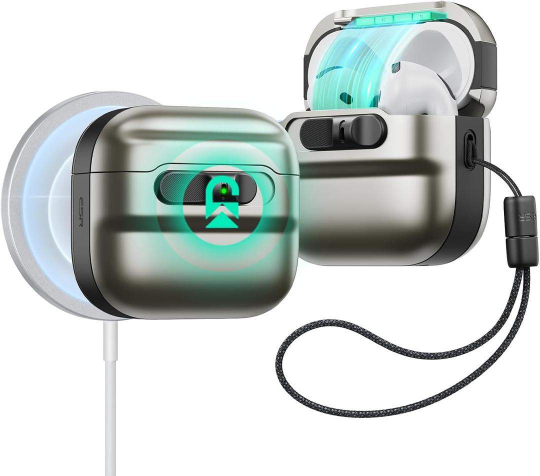 ESR for AirPods 4 Case, Compatible with AirPods 4 Generation Case (2024)(USB-C), MagSafe Compatible, Magnetic Lid Lock, Drop-Proof Protection Cover with Lanyard, Pulse Series,Titanium