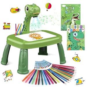 Drawing Projector for Kids, Art and Crafts, Drawing Board with Music, Color Pens, Pencils, Crayons, Scrapbook, Dinosaur Sticker Book, Ideal Toy for 3+ Year Old Girls & Boys (Dinosaur Kit)