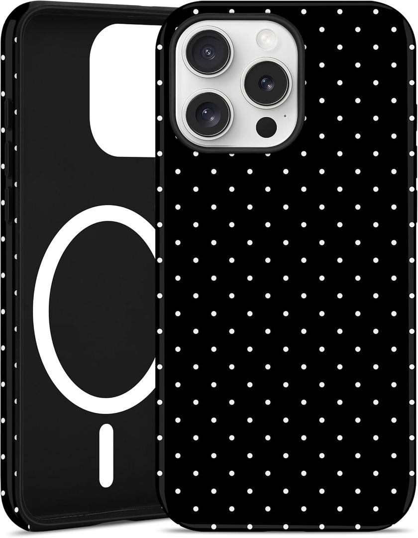 Jusy Compatible with MagSafe Polka Dot Case for iPhone 15 Pro Max, Cute Aesthetic Polka Dots Magnetic Phone Case, Soft TPU and Hard PC Protective Phone Cover for Women Girls (Matte) - Black