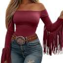 Fringe Tops for Women Western Cowgirl Off The Shoulder Fall Long Sleeve with Tassels Stretchy Crop Shirts Blouses (Large, 05-wine)