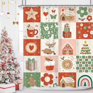 Retro Christmas Shower Curtain 60Wx72H Inch Merry Xmas 70s Cute Deer Snowflake Flower Rainbow Checkered Shower Curtain Bathroom Set Kids Girls Waterproof Bath Decoration Accessories Home Decor
