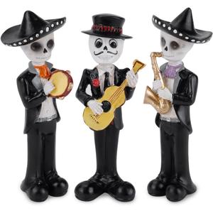 Skeleton Statue Mariachi Band, Halloween Day of The Dead Skeleton Skull Figurines Decoration, Realistic Collectible Folk Musician Players Ornament, Party Festive Indoor Decor (5.5Inch, 3PCS) (White)