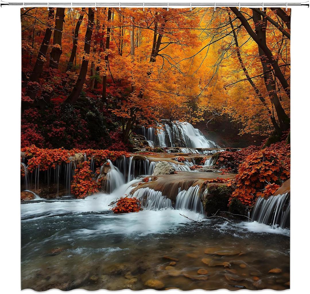 Fall Forest Shower Curtain Autumn Tree Woodsy Waterfall Stream Rustic Foggy Nature Landscape Fabric Bathroom Decor Sets with Hooks