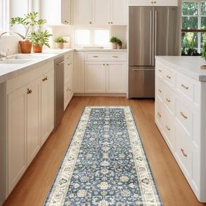 WITSHOCK 2x6 Runner Rugs for Hallway: Machine Washable Non Slip Vintage Carpet - Low Pile Lightweight Print Rug for Kitchen Laundry Room Bedroom Beside Rug - Pet & Kids Friendly (Blue) (Blue/Cream White/Light Ivory)