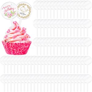 BBTO 100 Pieces 2 Inch Circle Blank Cupcake Toppers DIY Acrylic Round Clear Cupcake Toppers Sticks for Birthday Festival Party Christmas Halloween Baby Shower Wedding Party Cupcakes Decoration