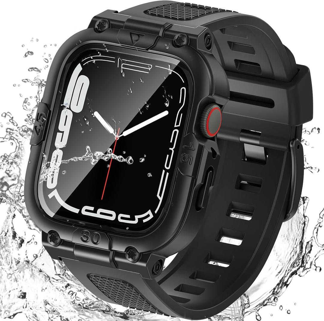 Goton 3 in 1 Waterproof Case with Band for Apple Watch with Built-in Tempered Glass Screen Protector 45mm, 360 Shockproof Bumper Face Cover with Band for Apple Watch Series 9/8/7, 45mm (Black)