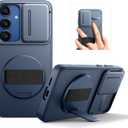 SURITCH for Samsung Galaxy S25 Case with 360 Rotatable Hand Strap Phone Grip & Invisible Kickstand & Slide Camera Cover, Rugged Shockproof Protective Cover for S25 -Dark Blue