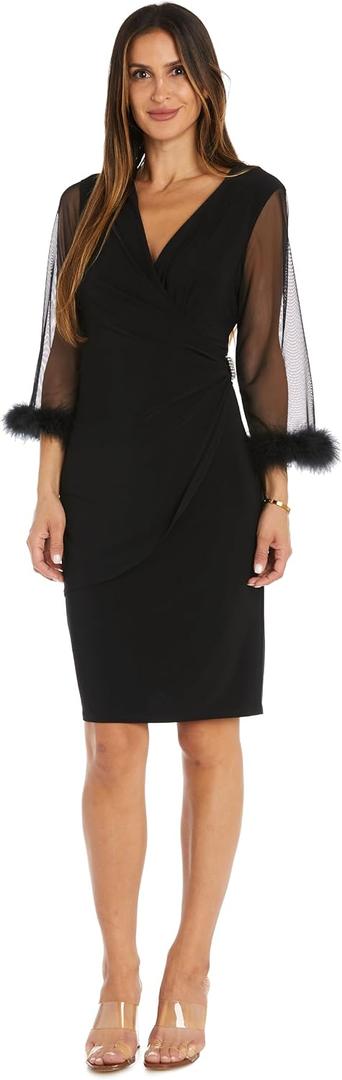 Elegant Feather Trim Wrap Mini Dress W/Illusion Long Sleeves, Ruched Waist & Rhinestone Brooch (Black) 10P