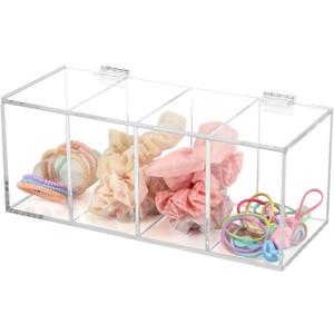 Hair Accessories Organizer for Girl, Acrylic Hair Tie Organizer Scrunchie Holder with Divider for Headband, Hair Clip, Cotton Swab, Cosmetic Cotton, Storage Box with Lid for Jewelry
