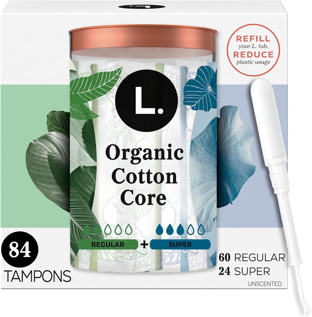 L. Cotton Tampons Regular/Super Absorbency Multipack, Contains an Organic Cotton Core, Made Without Synthetic Pesticides, or Fragrances, 84 Count (2 Packs of 42)