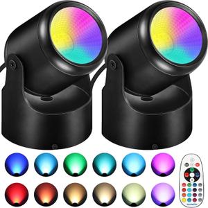 RGBW Christmas Spot Lights Indoor 6W Up Lights Indoor with Remote Control 16 Color Changing Uplighting Indoor 120V LED Spotlight Indoor Dimmable Uplights Indoor for Parties Plant Decor, 2 Pack (Black)