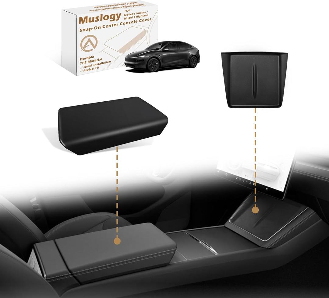 Muslogy Center Console Armrest Cover Fit for Tesla Model Y Juniper Refresh 2026+ Accessories, Comfort Armrest Pad Console Lid Cushion TPE Black (w/Silicone Mat 2PCS Set)