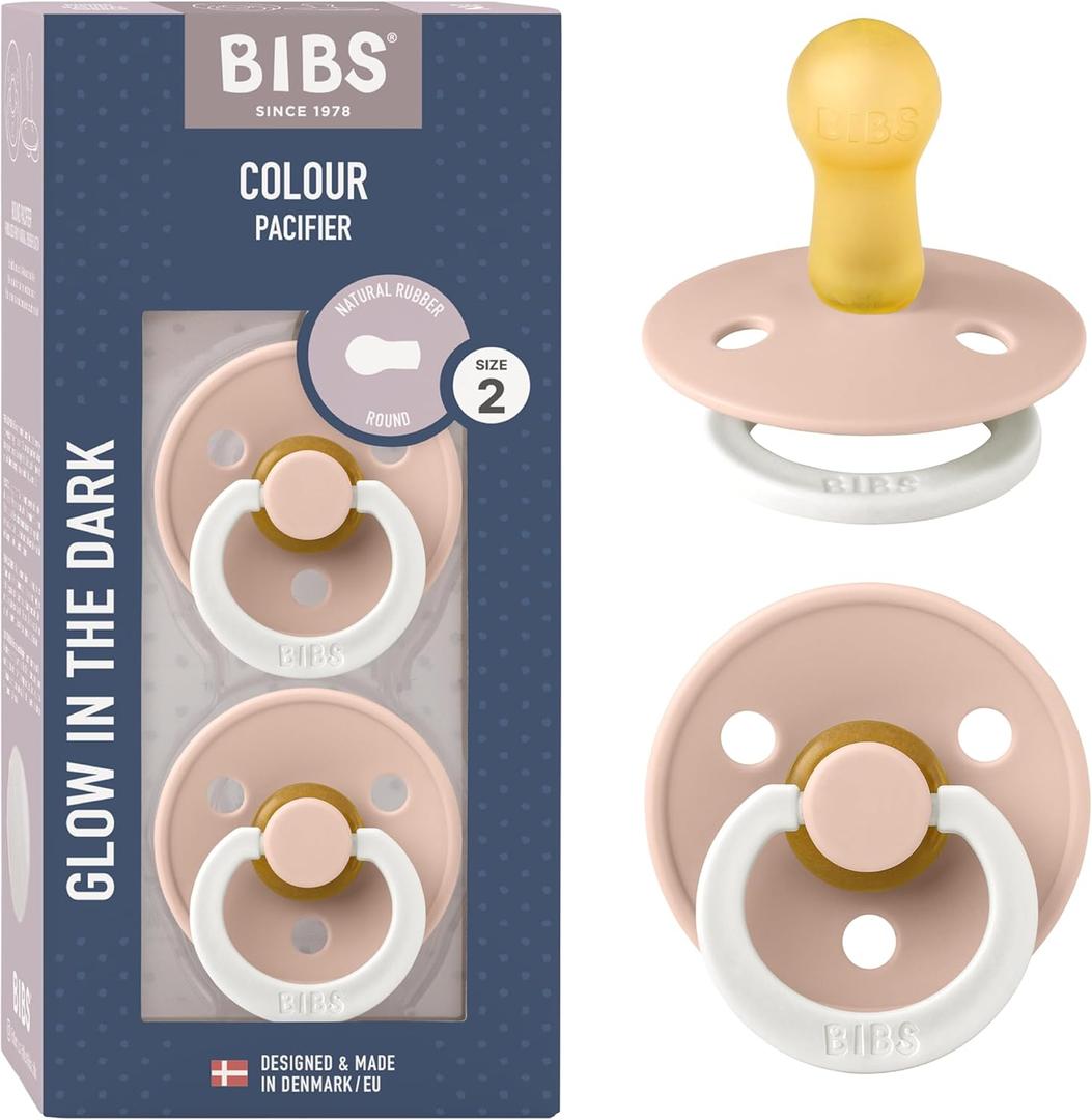 Bibs Colour Pacifier 2-Pack | BPA Free Soother, Round Nipple. Natural Rubber Latex, (Blush Night)
