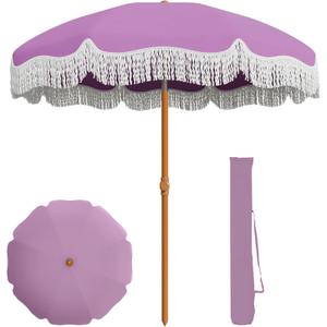 AreShark 7ft Patio Umbrella with Fringe, UPF50+ Beach Umbrella for Table, Pool & Garden, Portable Outdoor Tassels Umbrella w/Fiberglass Ribs&Push Bottom Tilt(Lavender)