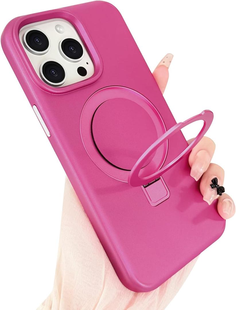 ankofave for iPhone 15 Pro Max Case with Magnetic Invisible Stand, Matte Luxury Metallic Luster, 3.0 mm Thick Protection Hard PC Scratch-Resistant Phone Case for iPhone 15 Pro Max 6.7", Rose Red