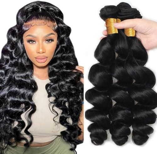 Natural Black Loose Wave Bundles #1B Loose Wave Bundles Human Hair 20 22 24 Inch Unprocessed Bundle Human Hair 3 Bundle Total 150g