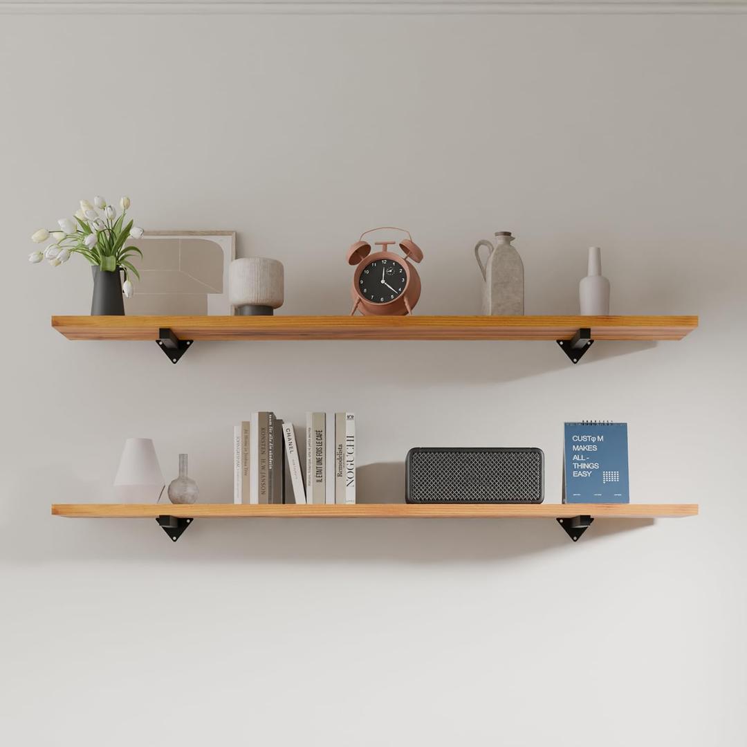 48 inch Long Wall Shelves, Rustic Wood Long Floating Shelf Set of 2, Wall Bookshelf with Iron Brackets, Large Wall Mounted Shelves for Living Room, Bedroom, Bathroom, Kitchen (2T48IN orange-yellow)