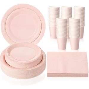 Tioncy 200 Pcs Disposable Paper Plates Cups and Napkins Party Supplies Serve 50 Guests Disposable Paper Dinnerware Set for Birthday Wedding Baby Shower Family Picnic(Pastel Pink)