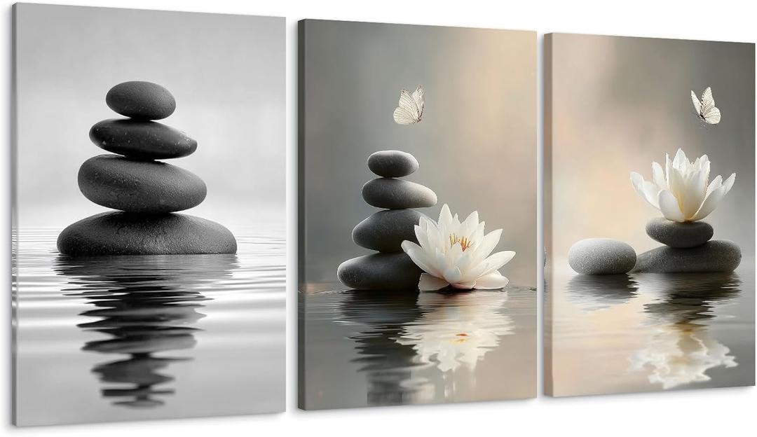 Lotus Wall Art Zen Stones in The Water Bathroom Calming Meditation Butterfly Framed Breathe Spiritual Canvas for Bathroom Living Room Yoga, Set of 3, 12x16 Inch - Ready to Hang