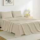 JELLYMONI Sheet Set Queen Size Set of 4 Cotton Cream Grey Easy-Fit 16 Inch Deep Pocket 100% Washed Cotton Soft Breathable (1 Fitted Sheet, 1 Flat Sheet, 2 Pillowcases)