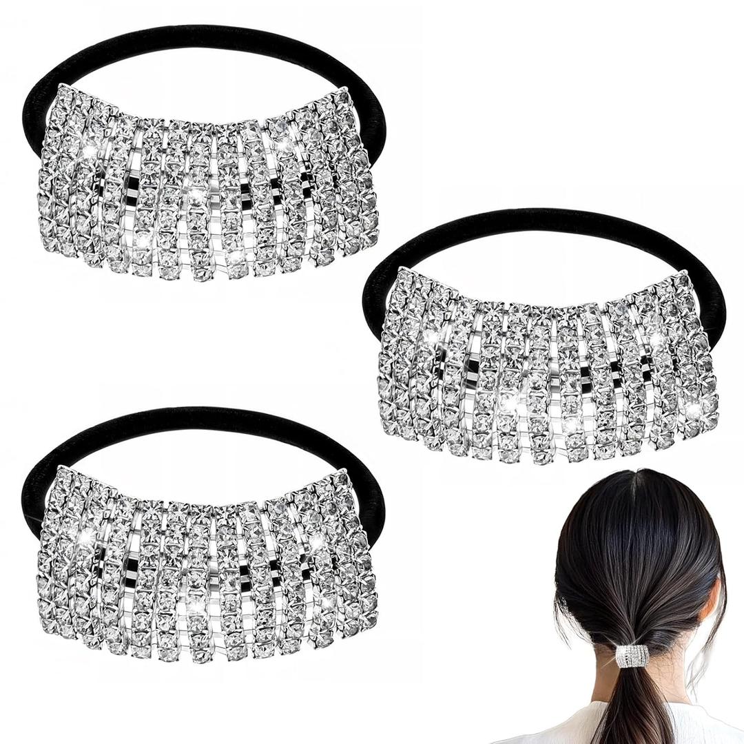 Sliverdew 3 Pcs Rhinestone Ponytail Holder, Elastic Hair Tie, Sparkling Crystal Rhinestones, Fancy Crystal Hair Ties, Headband Hair Accessories for Women Girls (Silver Style)