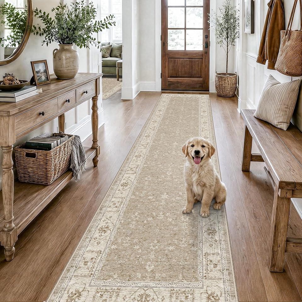 Washable 3x12 Runner Rug: Non Slip 12ft Runners for Hallways Ashen/Multi | Vintage Low Pile Floor Mat for Hallway Kitchen Bedroom - Stain-Resistant Distressed Carpet Runner for Living Room Boho Decor