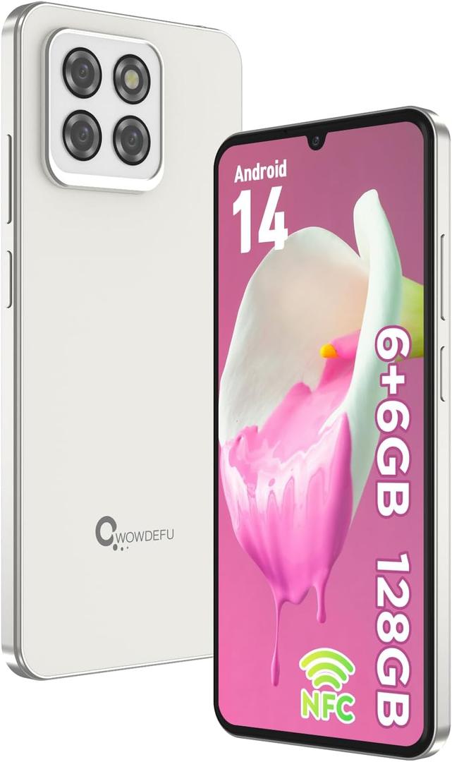 CWOWDEFU Android 14 Unlocked Phone, 6.8''Android Smartphone,12 GB RAM with 128 GB ROM,Dual SIM 4G,Octa-Core, Face/Fingerprint Recognition/NFC/OTG/GPS,Support Global Frequency Bands(White)