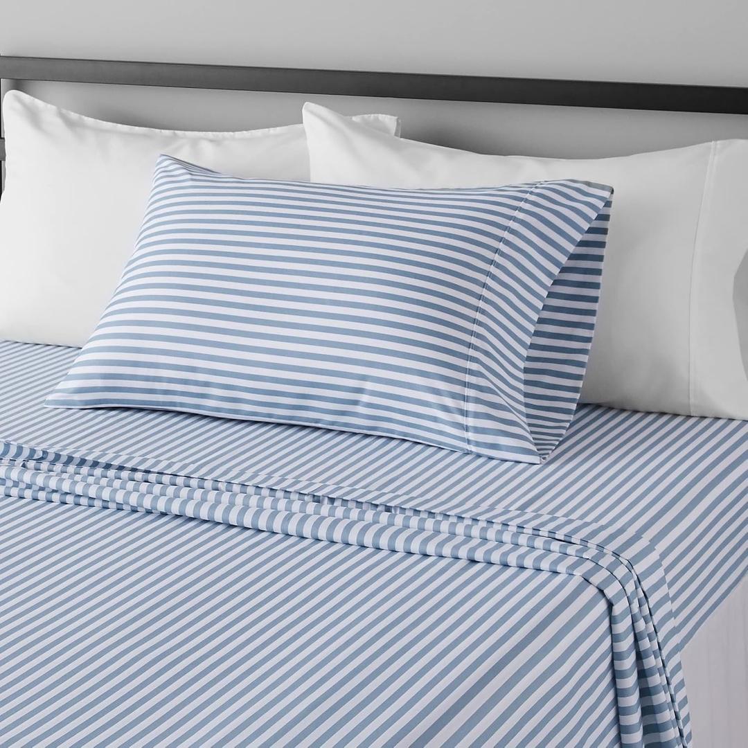 Amazon Basics Breathable, Brushed Microfiber Wrinkle Resistant 3 Piece Bed Sheet Set with 14-Inch Deep Pockets, Twin, Dusty Blue Pinstripe, Printed