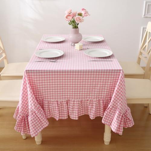 K MASANIJI 100% Cotton Pink Plaid Ruffled Table Cloth for Rectangle Table, Classic Farmhouse Checker Gingham Vintage Decorative Tablecloth (Pink/White Plaid, 70x52 inches)