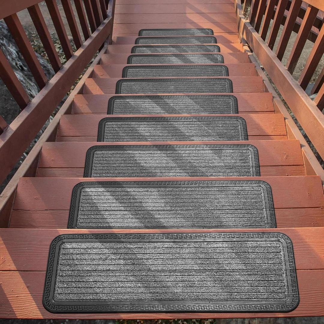 Ottomanson Outdoor Rubber Stair Treads Ribbed Heavy-Duty Non-Slip Stair Mats Best Grip on Concrete, Brick & Textured Step Fastening Recommended for Wooden & RV Steps, Pack of 5