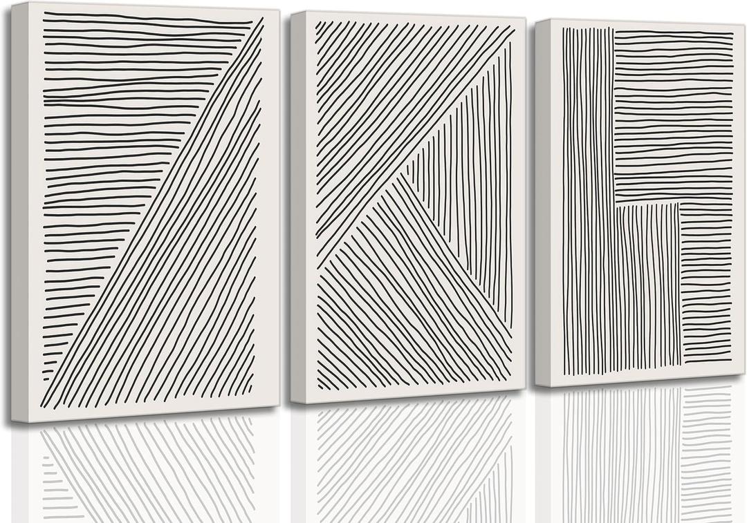 3 Pieces Minimalism Abstract Boho Lines Canvas Wall Art Modern Black and White Neutral Bohemia Geometric Pictures Wall Decor Posters Print Artwork for Living Room Bedroom Office Home Decoration