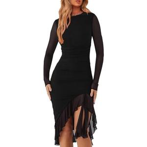 Aisongyuan Womens Sexy Ruched Bodycon Midi Dress Long Sleeve High Low Formal Cocktail Party Dress Lar