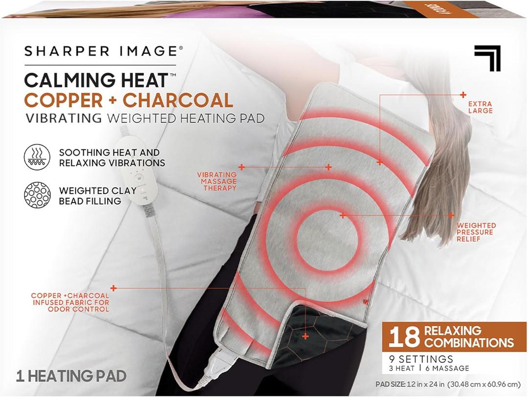 Calming Heat Copper + Charcoal Vibrating Heating Pad by Sharper Image- Weighted Electric Heating Pad, 9 Settings- 3 Heat, 6 Massage- 18 Relaxing Combinations, 12 x 24", 4 lbs