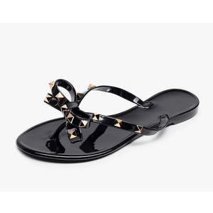 Studded Jelly Shoes for Womens Bow Flip Flops Jellies Sandals Flat Black Summer Beach Thong with Rivets Strappy Slides Slip On Size 41
