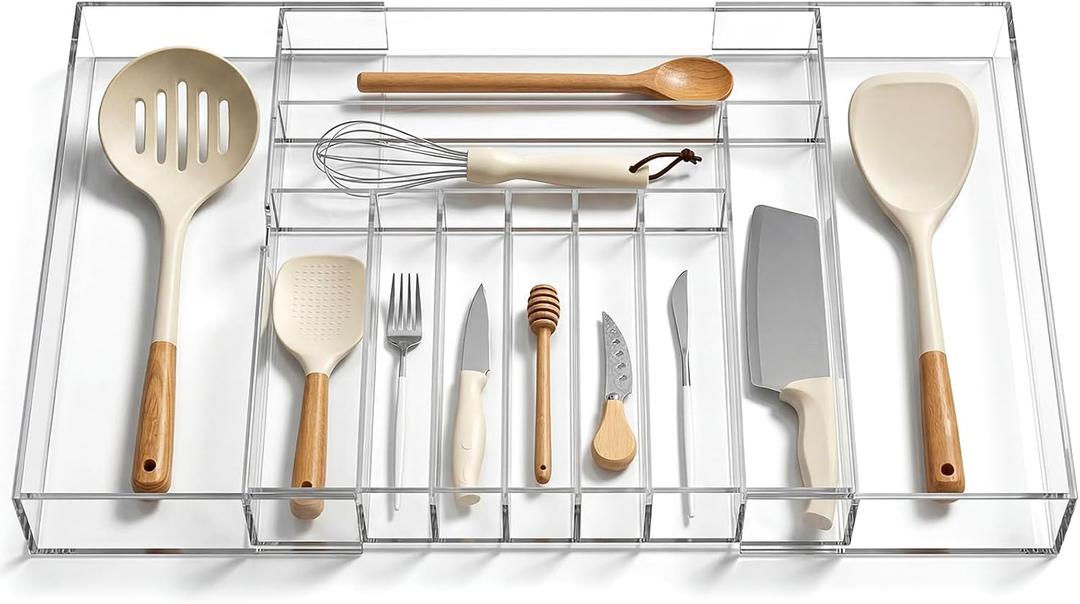 Teenyyou 1 Pack Expandable Kitchen Drawer Organizer Clear Acrylic Utensil Organizer Adjustable Acrylic Silverware Storage for Drawers Silverware Flatware Knives (18.5 x 17.4 Inches,9-11 Compartments)