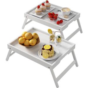 Bed Tray Table with Folding Legs,Bamboo Breakfast in Bed for Kitchen Serving Tray,Sofa,Eating,Used As Laptop Desk Snack Tray 2 Pack (White) (Medium)