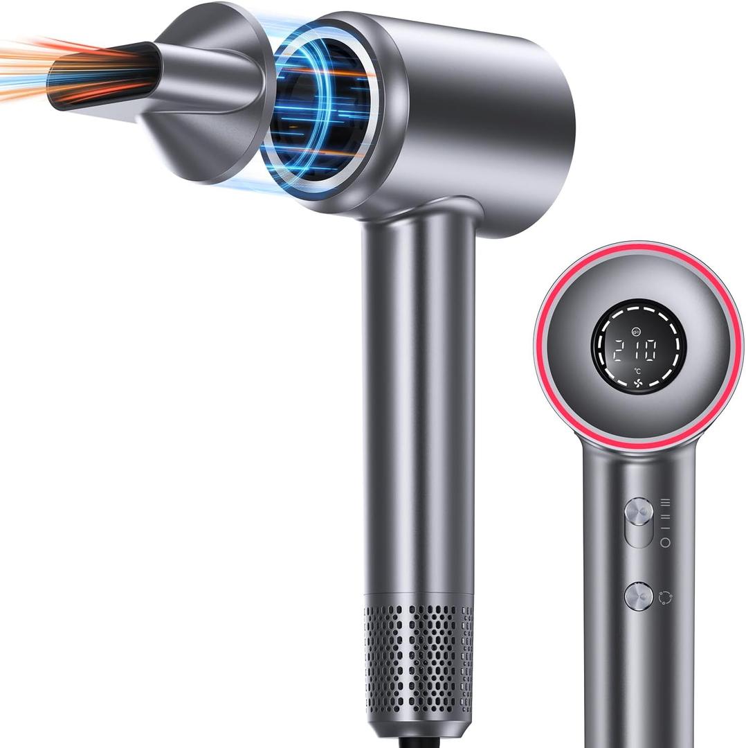 Hair Dryer, 1400W Professional High Speed Hairdryer for Fast Drying, 500 Million Negative Ionic Hair Dryer, 3 Speeds and 5 Temps with HD Display, Low Noise Blow Dryer for Home Salon (Grey)