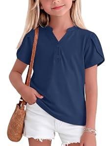 LessonZoo Girls Petal Short Sleeve T-Shirt V-Neck Button Top Solid T Shirts Summer Casual Tee Ages 5-14(13-14 Years, Haze Blue)