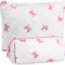 Paterr 2 Pcs Cotton Quilted Makeup Bag Set Coquette Pink Bow Cosmetic Bag Cute Aesthetic Travel Toiletry Organizer Skincare Pouch Toiletry Organizer Portable Pencil Case for Bridesmaid Women Gifts (Rectangle, White)