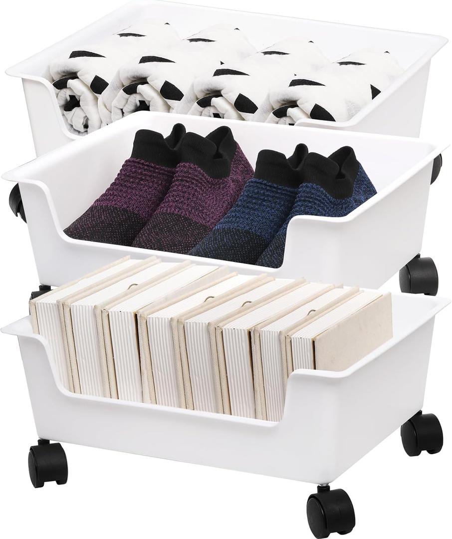 3 Pack Under Bed Storage, Underbed Toys Storage Containers with Wheels, Plastic Bedroom Storage Organization, Under Bed Storage Bins Drawer For Clothes Blankets Shoes Books, White, 15"L x 11.75"W x 6.75"H