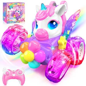 Unicorn RC Cars for Girl Toys with Glowling Crystal Wings & Eyes Lights, 360 Rotation Remote Control Car Pink Unicorn Stunt Car Kids Toys Birthday Gifts for 3 4 5 6 7 8 9 10 Year Old Girls