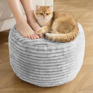 Round Pouf Ottoman,Corduroy Poufs with Memory Foam Filling for Foot Rest,Soft Footstool for Living Room,Office,20"x 15",Light Grey