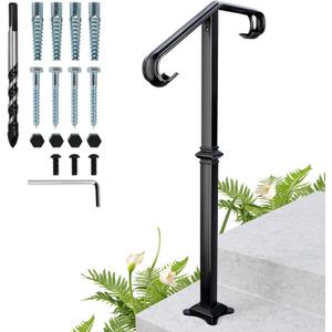 Single Post Wrought Iron Handrail Stair Railing Handrails for Outdoor Porch Railings Fits 1-2 Steps Transitional Concrete or Wooden Stairs with Base Texture Style