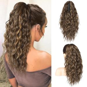 SEIKEA 18" Long Claw Highlight Ponytail Extension, PT002 Tia Multi Layered Hair Wavy Curly Fluffy Thick Jaw Clip in Hair Extensions Ponytail Soft Natural Hairpiece Medium Brown Dark Blonde Highlights