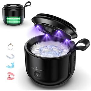 Cordless Ultrasonic Teether Cleaner 48KHZ, Ultrasonic Denture Cleaner 125ml with UV Light for Toothbrush Heads, Jewelry, 3 Models, Portable Design.