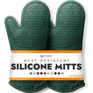 BPA-Free Silicone Oven Mitts Ultra Heat Resistant up to 500F - Oven Mitts with Thick Cotton Liner - Long Slip Resistant Pot Holders, Flexible Oven Gloves - Green 13.7